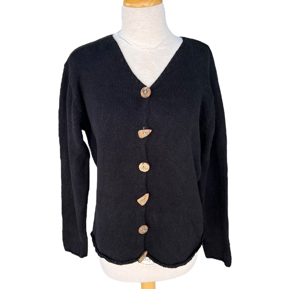 Coldwater Creek Black Knit Cardigan Sweater Boxy Boho Wood Turquoise Buttons Lrg